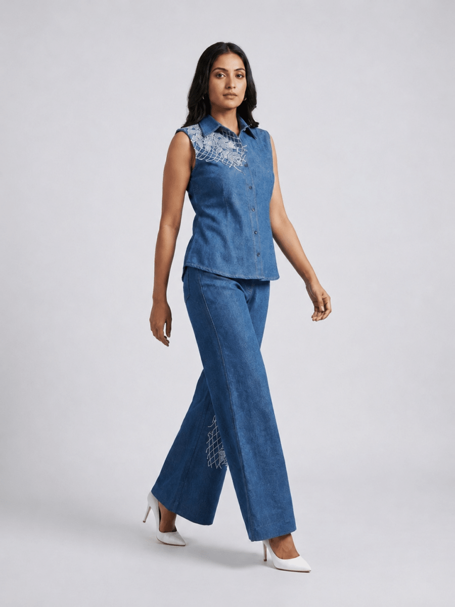 Royal Dark Blue Floral Thread Denim Co-Ord Set - GAIIA