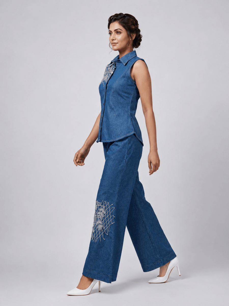 Royal Dark Blue Floral Thread Denim Co-Ord Set - GAIIA