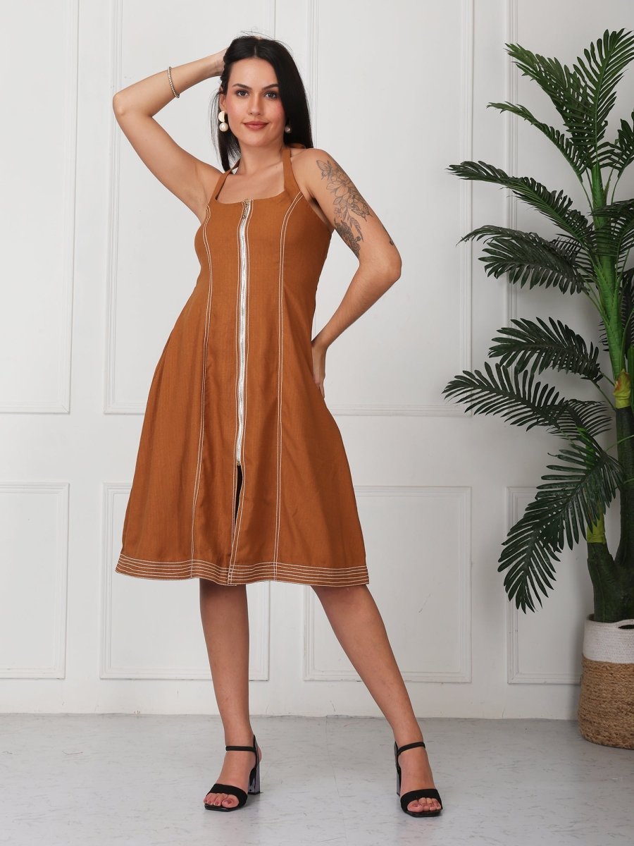 Rust Solid Halter Neck Denim Midi Dress With Center Zip - GAIIA