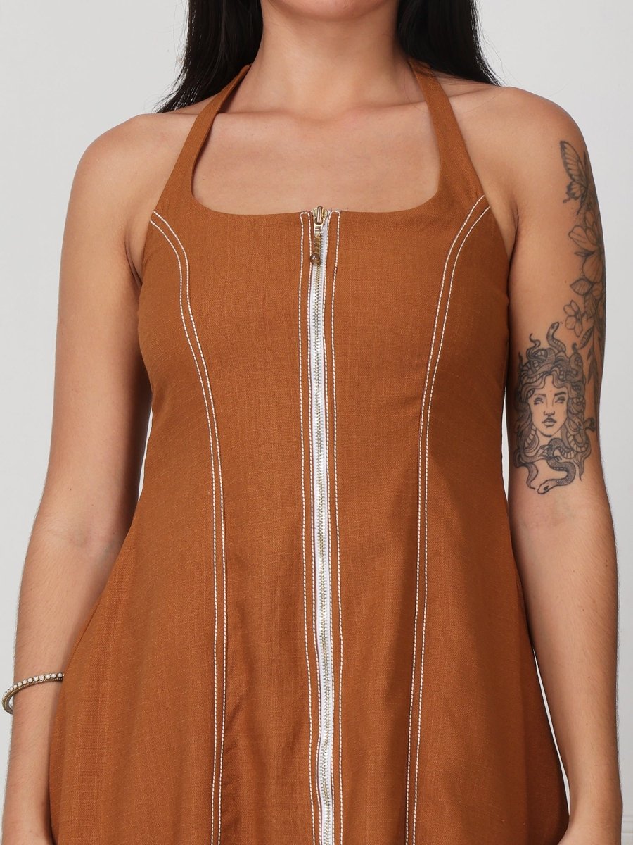 Rust Solid Halter Neck Denim Midi Dress With Center Zip - GAIIA
