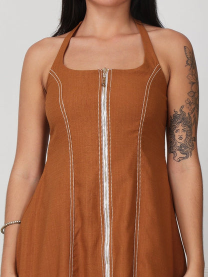Rust Solid Halter Neck Denim Midi Dress With Center Zip - GAIIA