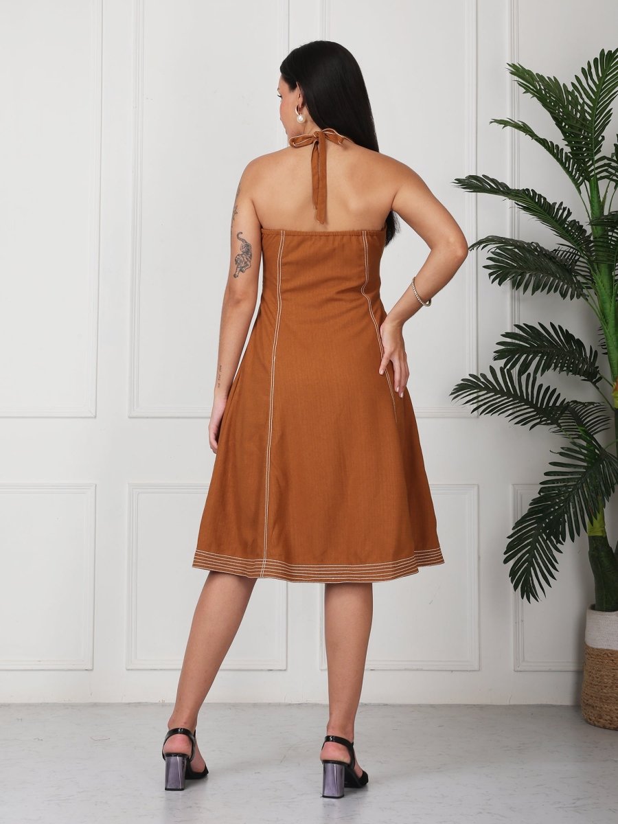 Rust Solid Halter Neck Denim Midi Dress With Center Zip - GAIIA