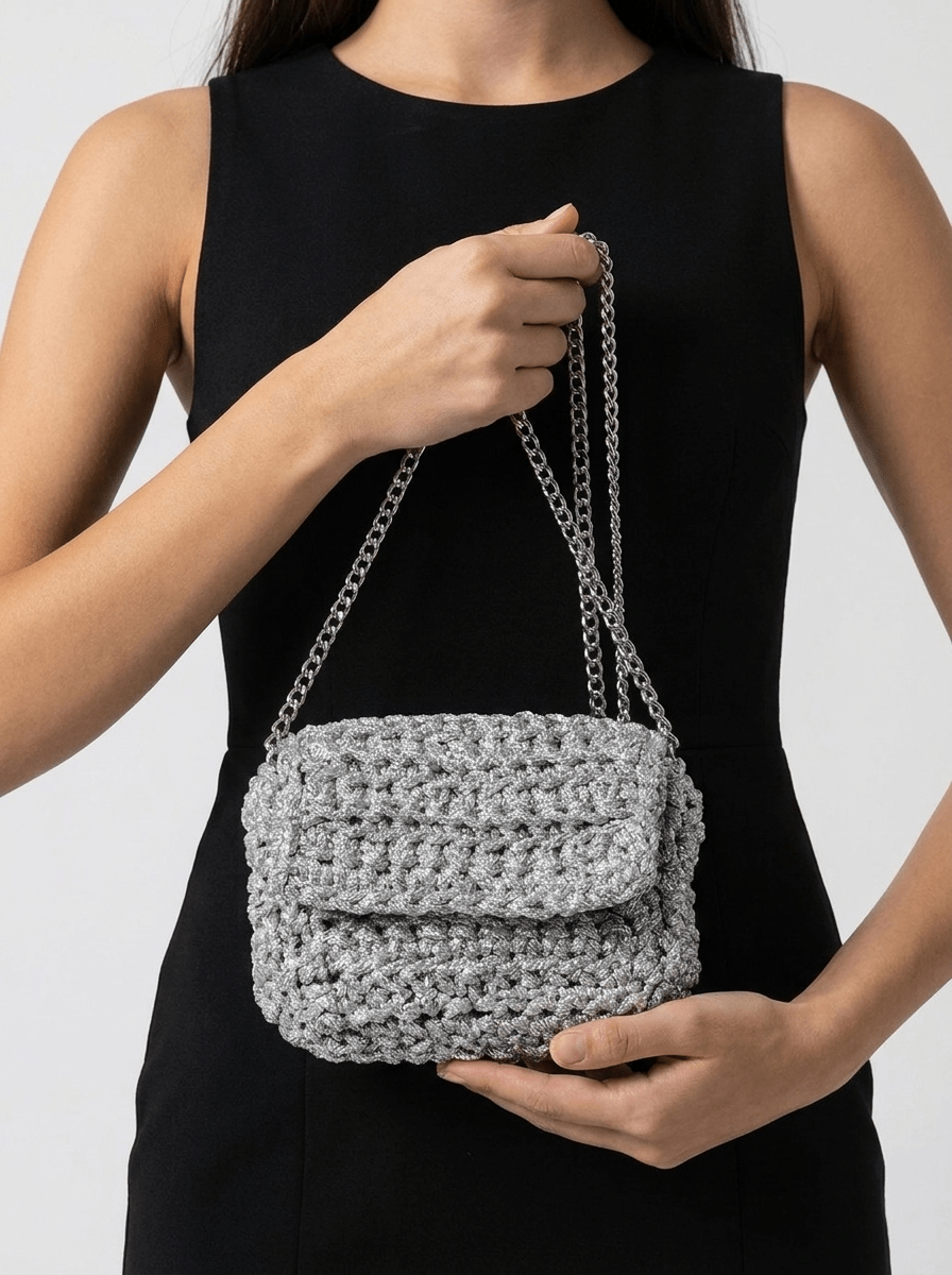 Silver Shimmer Crochet Knit Flap Chain Shoulder Bag