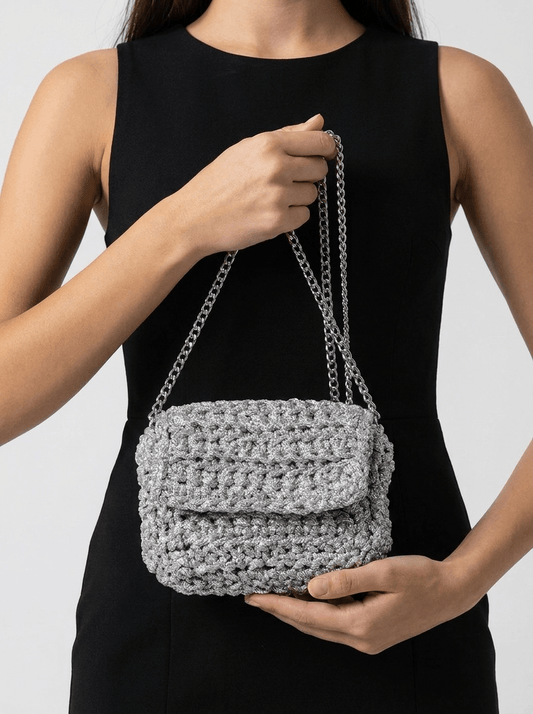 Silver Shimmer Crochet Knit Flap Chain Shoulder Bag