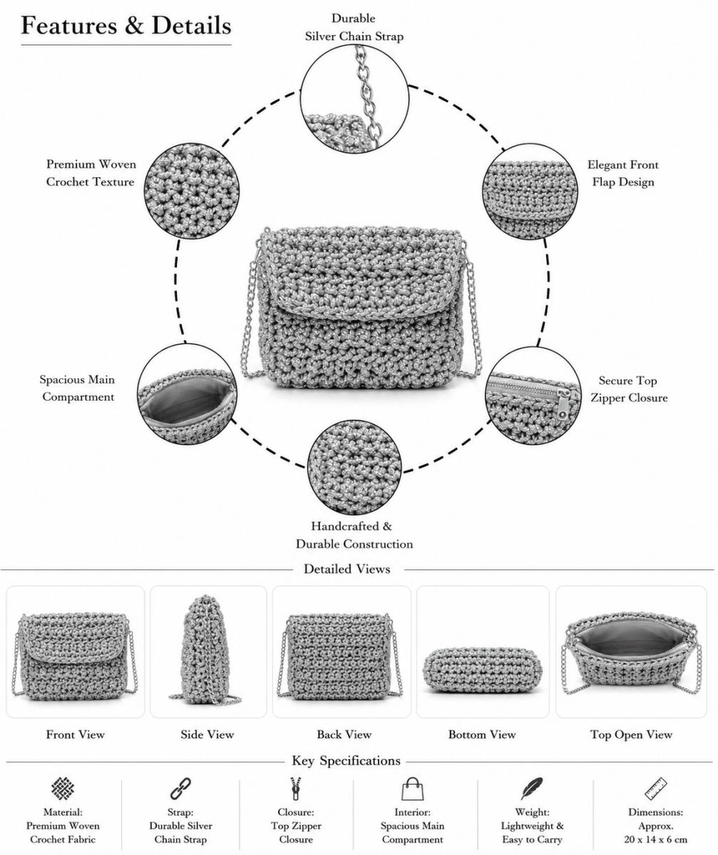 Silver Shimmer Crochet Knit Flap Chain Shoulder Bag - GAIIA