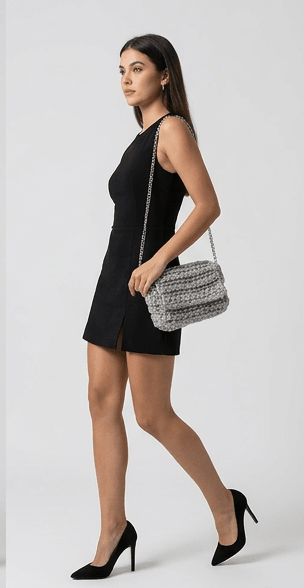 Silver Shimmer Crochet Knit Flap Chain Shoulder Bag