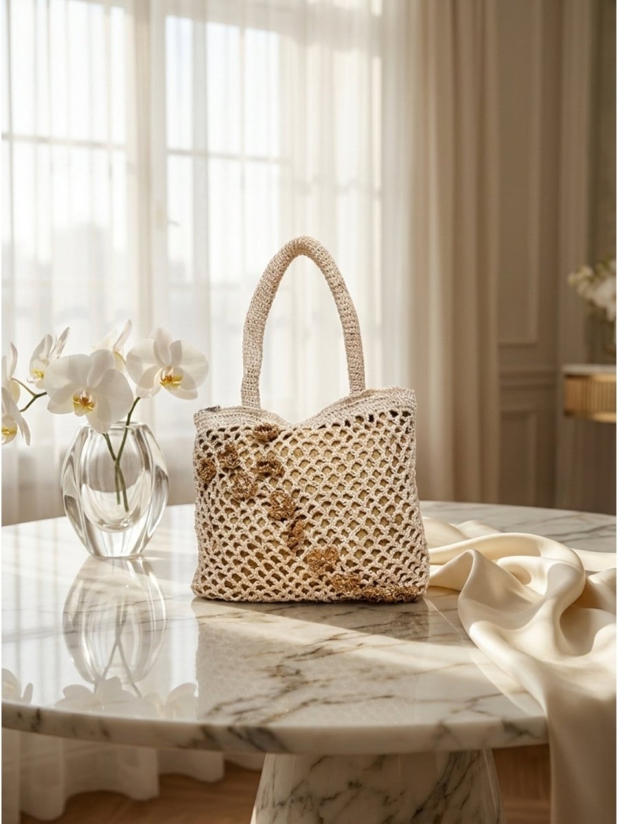 Soft Ivory Net Tote with Gold Embroidery - GAIIA