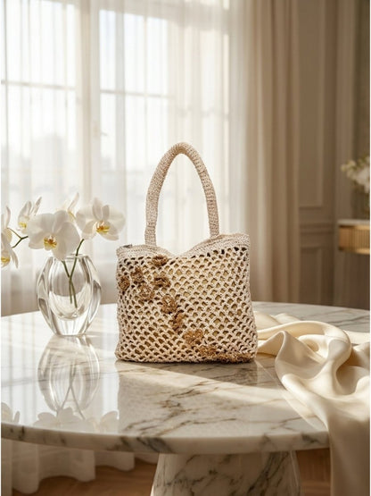 Soft Ivory Net Tote with Gold Embroidery - GAIIA