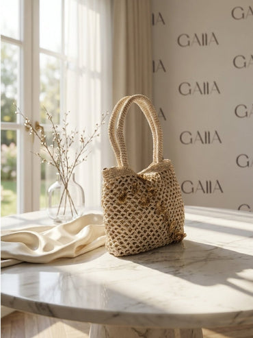 Soft Ivory Net Tote with Gold Embroidery - GAIIA