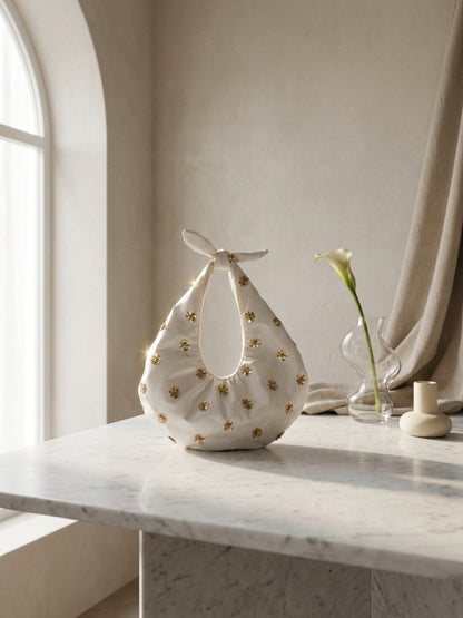 White Blossom Embellished Satin Hobo Bag - GAIIA