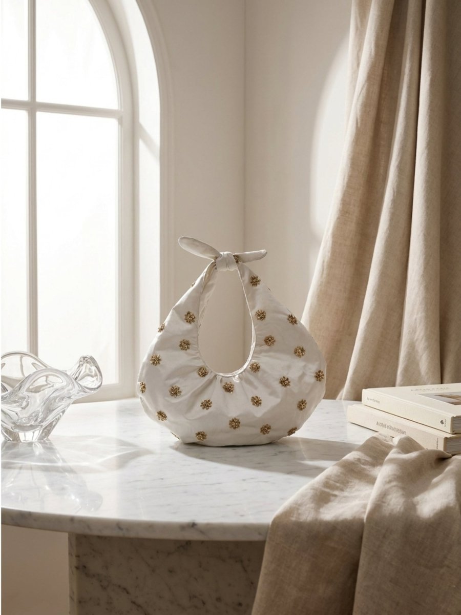 White Blossom Embellished Satin Hobo Bag - GAIIA