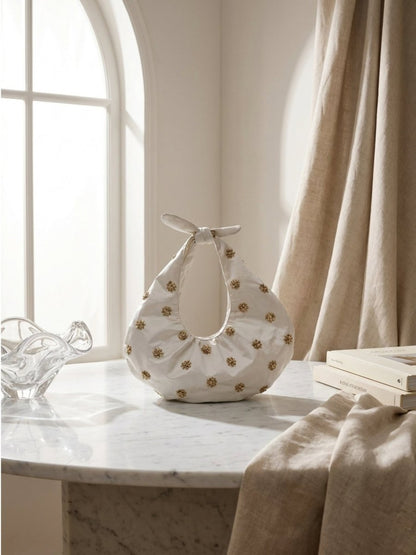 White Blossom Embellished Satin Hobo Bag - GAIIA