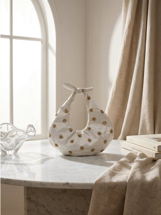 White Blossom Embellished Satin Hobo Bag - GAIIA