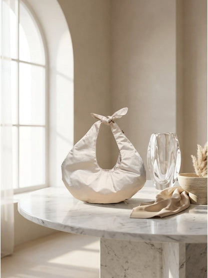 White Blossom Embellished Satin Hobo Bag - GAIIA