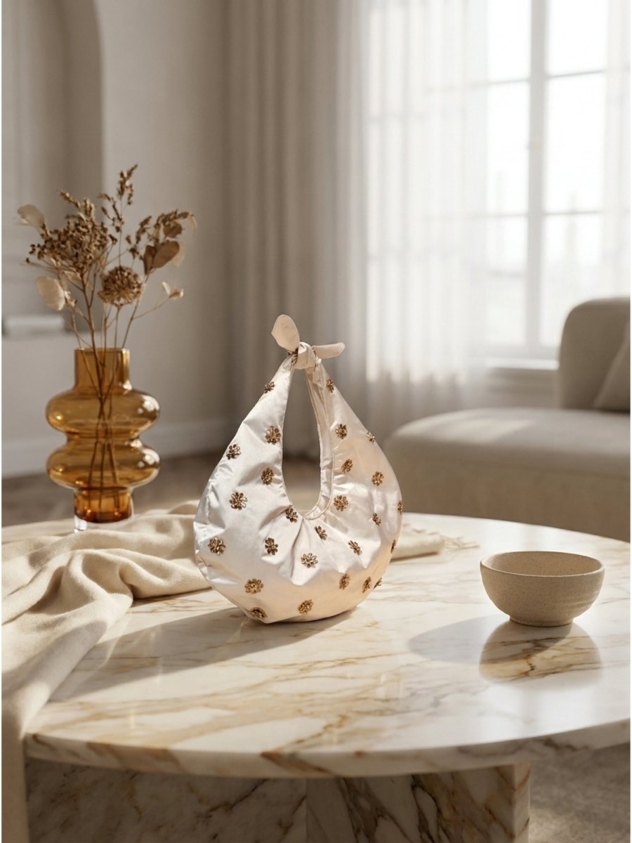 White Blossom Embellished Satin Hobo Bag - GAIIA