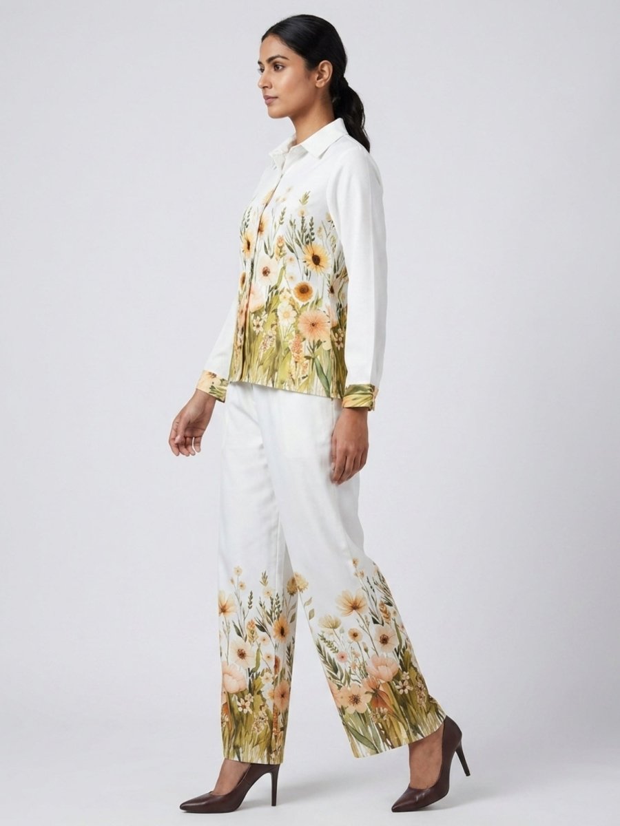 White Floral Print Shirt With Palazzo Co - Ord Set - GAIIA