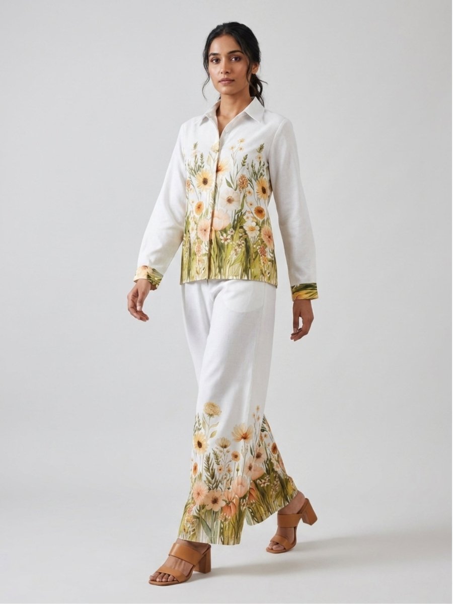 White Floral Print Shirt With Palazzo Co - Ord Set - GAIIA