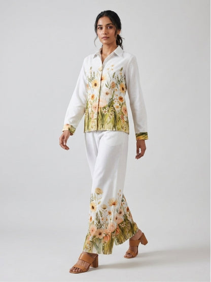 White Floral Print Shirt With Palazzo Co - Ord Set - GAIIA