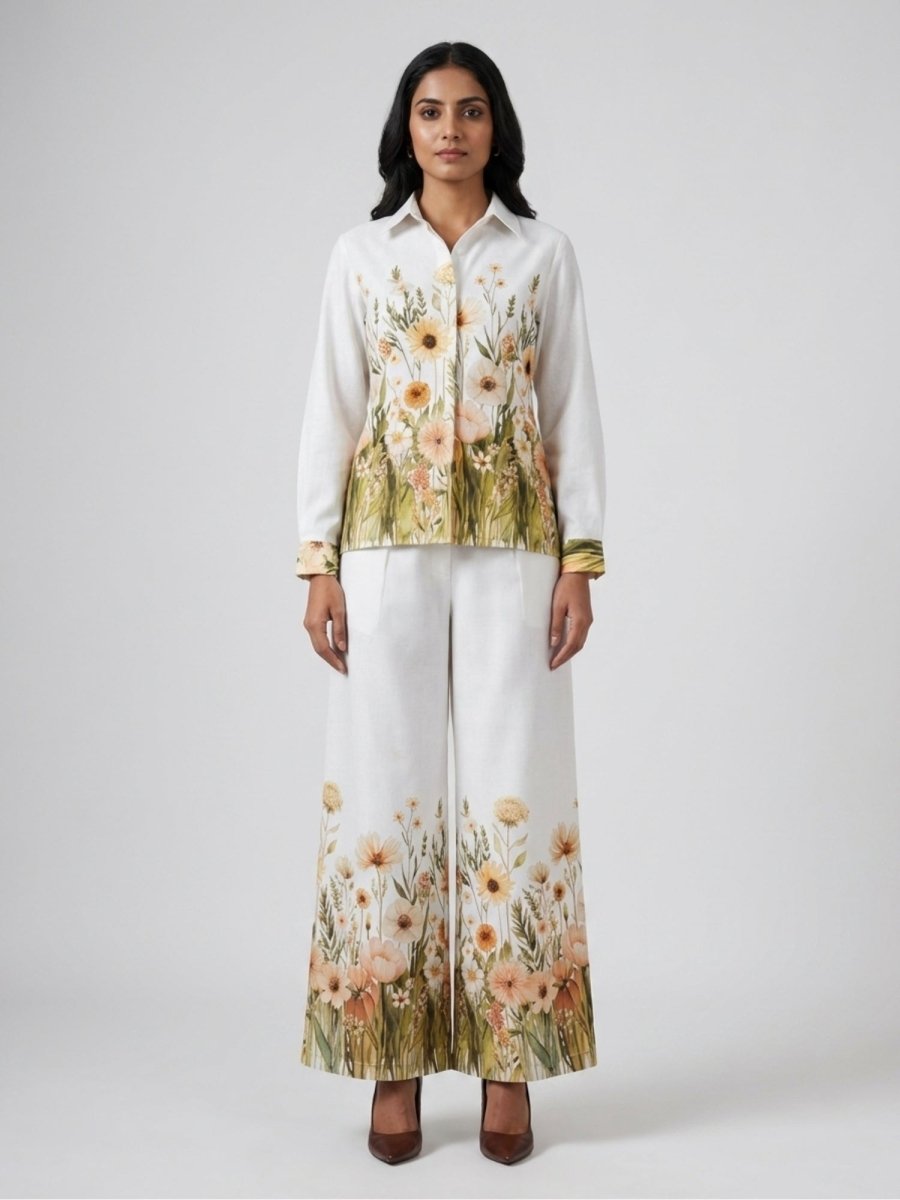 White Floral Print Shirt With Palazzo Co - Ord Set - GAIIA