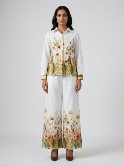 White Floral Print Shirt With Palazzo Co - Ord Set - GAIIA