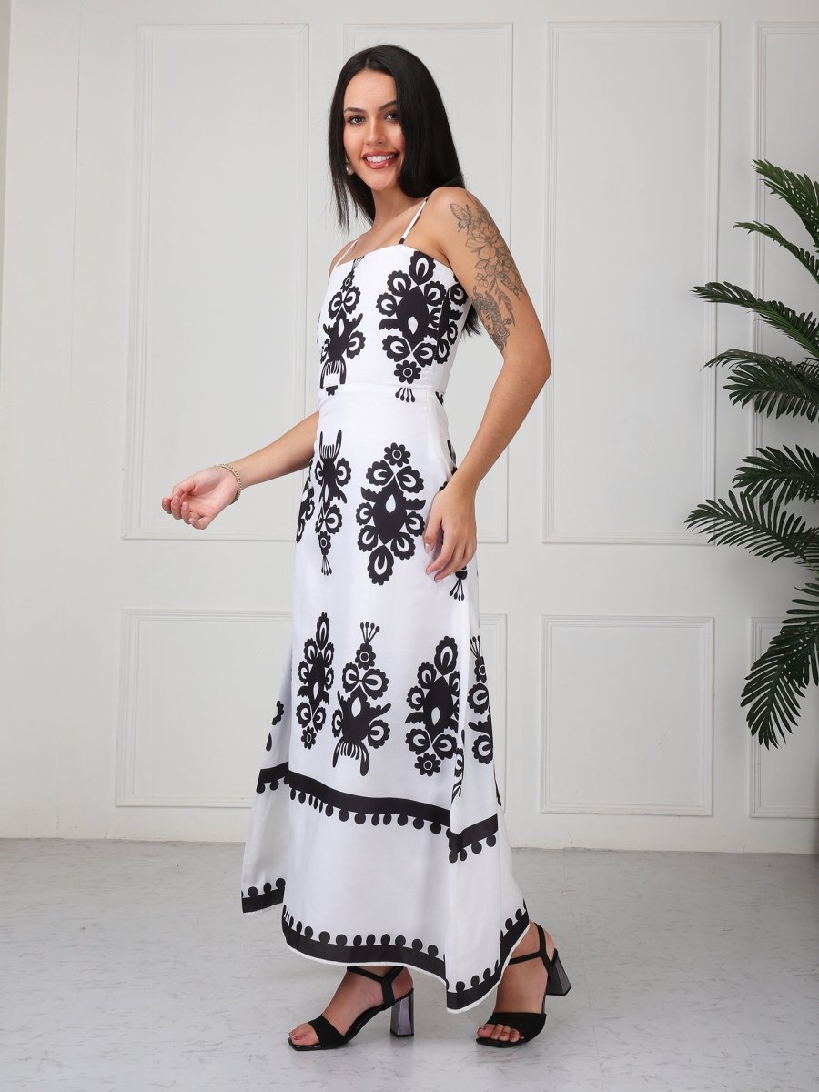 White Floral Printed Strap Maxi Dress - GAIIA