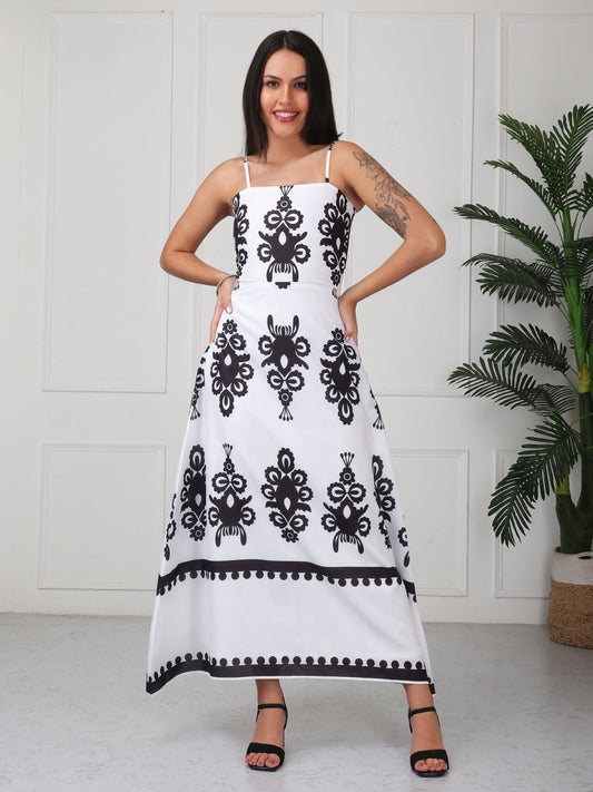 White Floral Printed Strap Maxi Dress - GAIIA