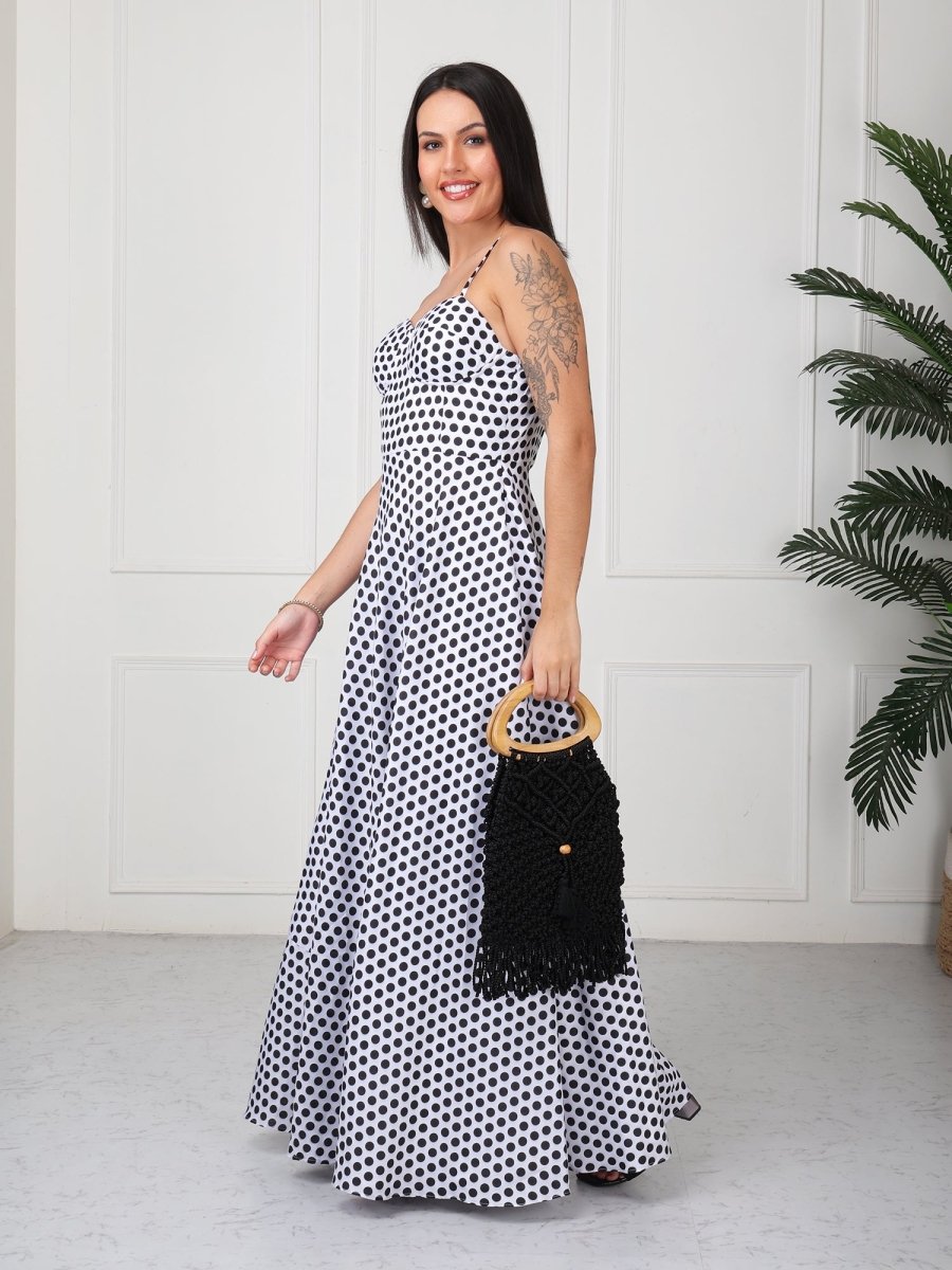 White Polka Print Strap Maxi Dress - GAIIA
