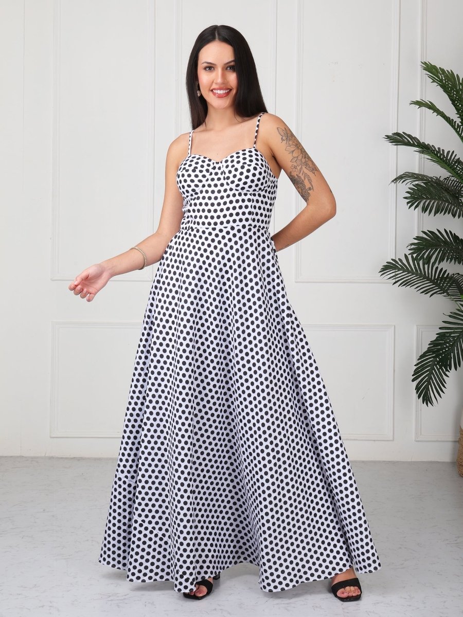 White Polka Print Strap Maxi Dress - GAIIA