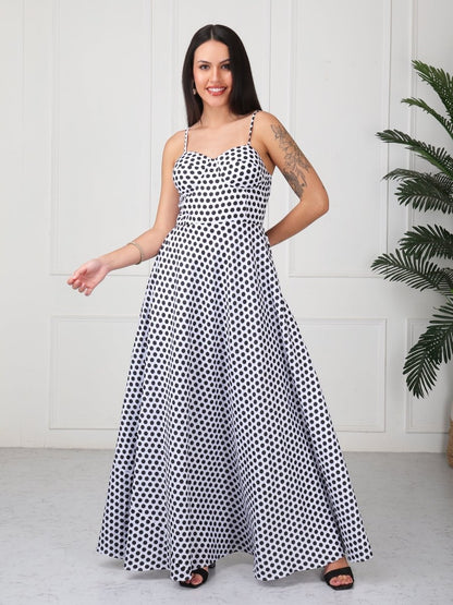 White Polka Print Strap Maxi Dress - GAIIA