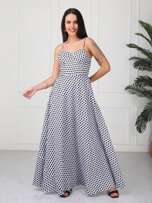 White Polka Print Strap Maxi Dress - GAIIA