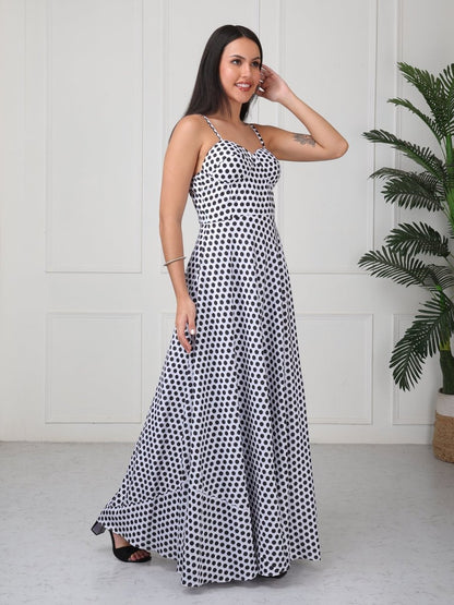 White Polka Print Strap Maxi Dress - GAIIA