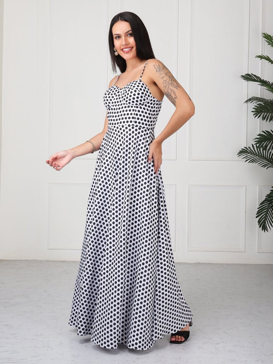 White Polka Print Strap Maxi Dress - GAIIA