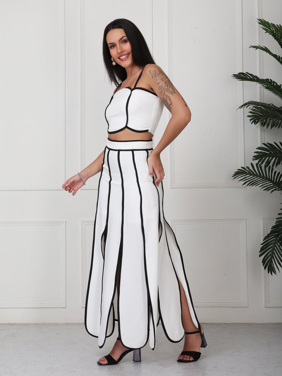 White With Black Strap Solid Panelled Co - Ord Set - GAIIA