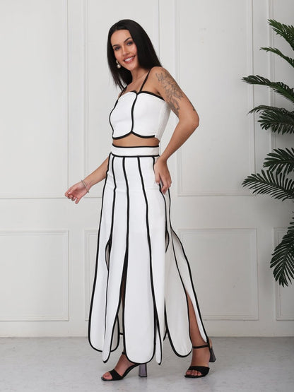 White With Black Strap Solid Panelled Co - Ord Set - GAIIA