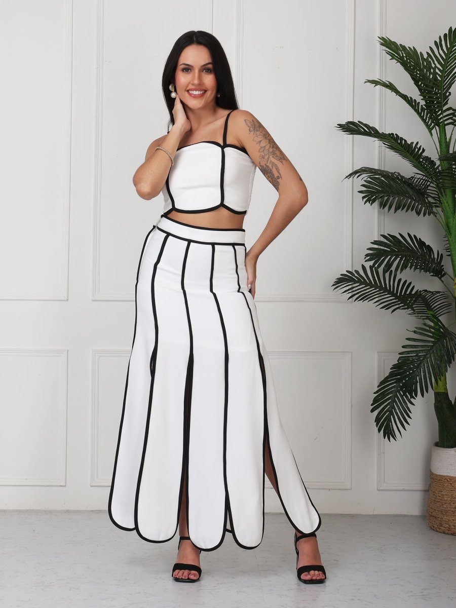 White With Black Strap Solid Panelled Co - Ord Set - GAIIA