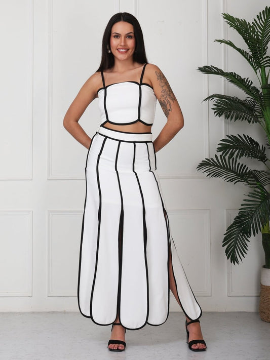 White With Black Strap Solid Panelled Co - Ord Set - GAIIA