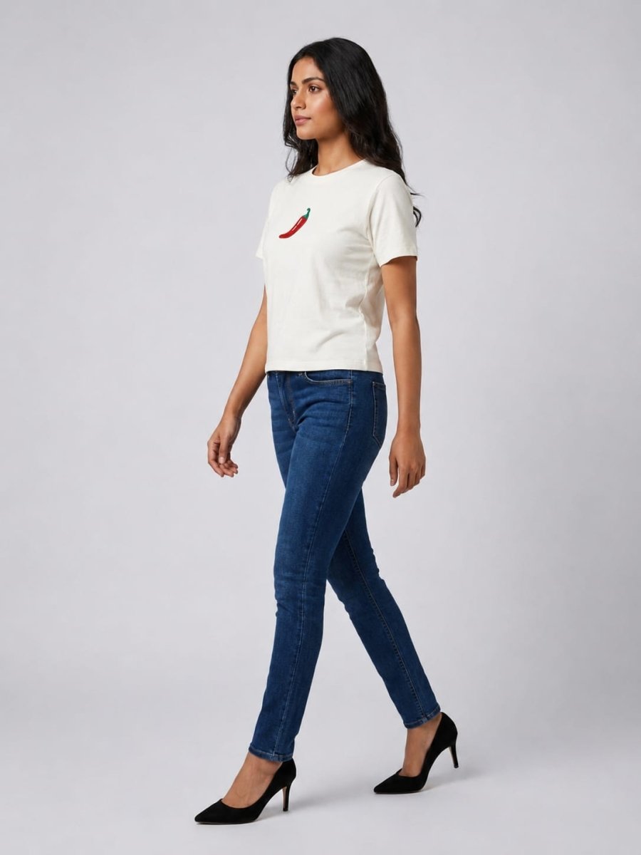 White With Red Chilli Motif Embellished Regular Fit T-Shirt - GAIIA