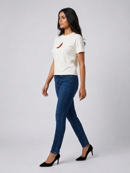 White With Red Chilli Motif Embellished Regular Fit T-Shirt - GAIIA