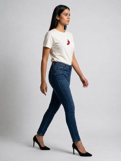 White With Red Chilli Motif Embellished Regular Fit T-Shirt - GAIIA