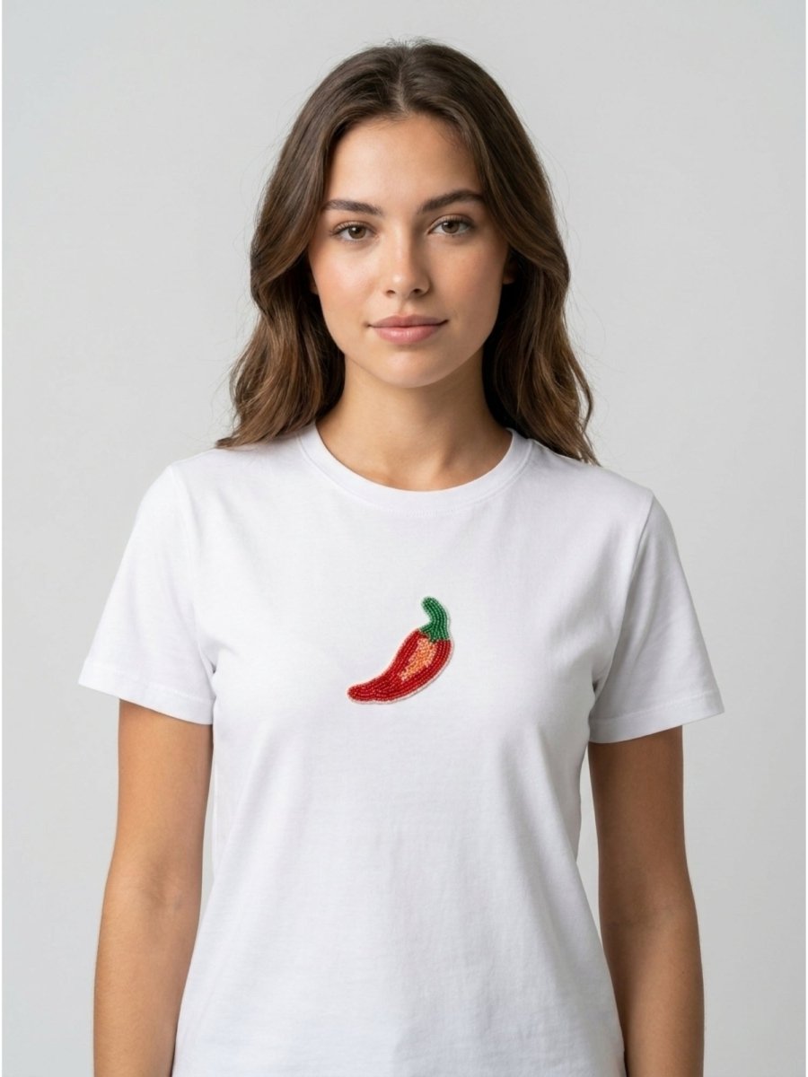White With Red Chilli Motif Embellished Regular Fit T-Shirt - GAIIA