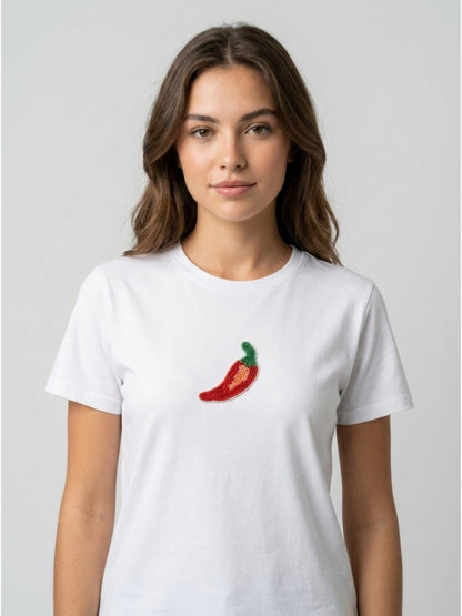 White With Red Chilli Motif Embellished Regular Fit T-Shirt - GAIIA