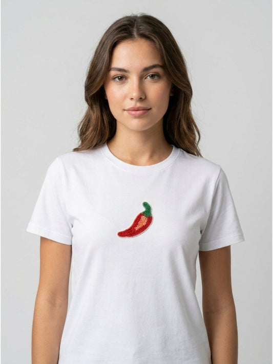 White With Red Chilli Motif Embellished Regular Fit Crop Top - GAIIA