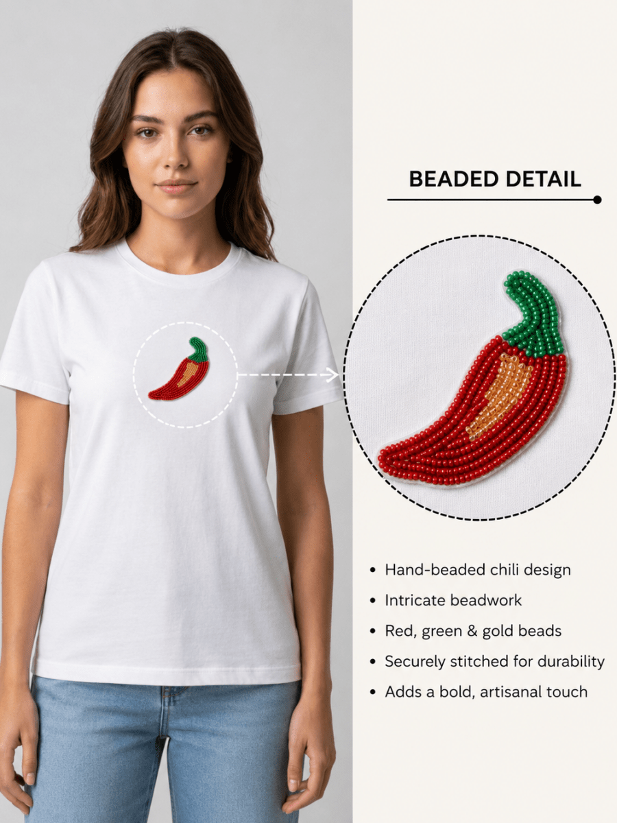 White With Red Chilli Motif Embellished Regular Fit T-Shirt - GAIIA