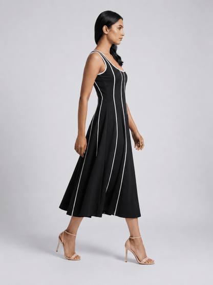 Women Black Contrast Panel Fit & Flare Midi Dress - GAIIA
