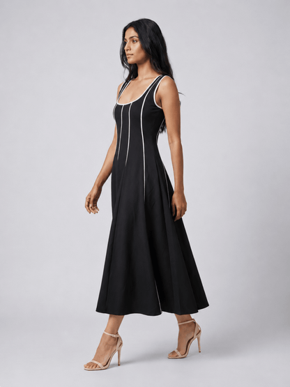 Women Black Contrast Panel Fit & Flare Midi Dress - GAIIA