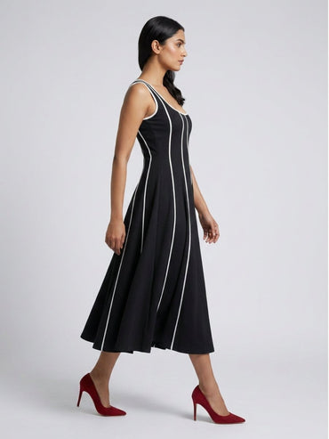 Women Black Contrast Panel Fit & Flare Midi Dress - GAIIA