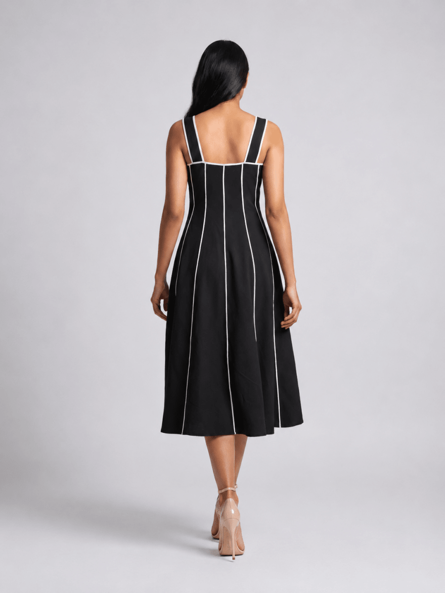 Women Black Contrast Panel Fit & Flare Midi Dress - GAIIA