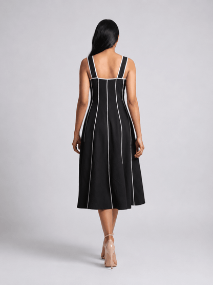 Women Black Contrast Panel Fit & Flare Midi Dress - GAIIA