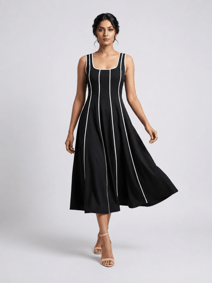 Women Black Contrast Panel Fit & Flare Midi Dress - GAIIA