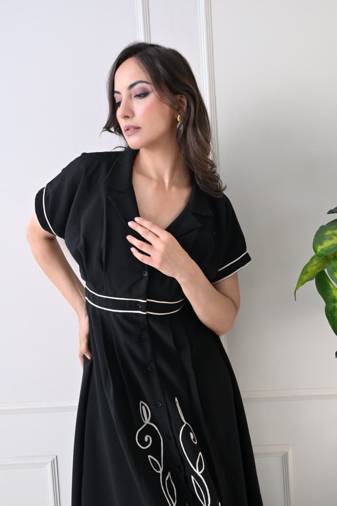 Women Black Embroidered Shirt Collar Midi Dress - GAIIA